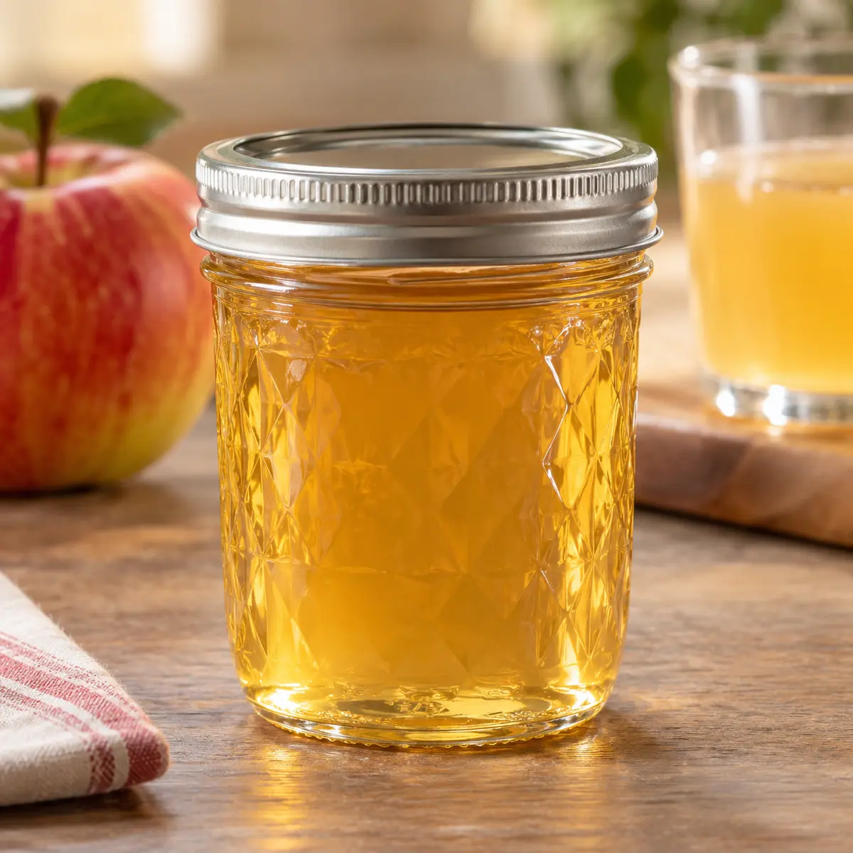 Jar of clear golden apple juice jelly with a red apple