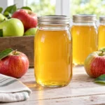Clear golden apple juice in sealed glass home-canning jars with fresh apples
