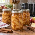 Home-canned spiced apple pie filling in glass jars.