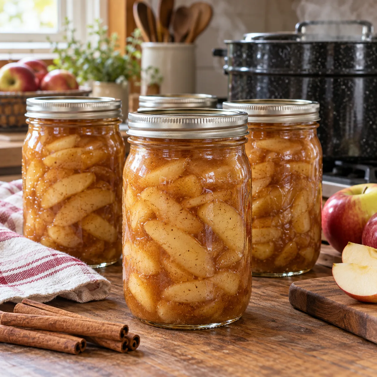 Home-canned spiced apple pie filling in glass jars.