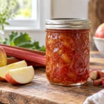 Jar of apple rhubarb marmalade with fresh apples and rhubarb