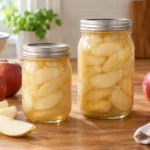 Home-canned sliced apples in sealed pint and quart canning jars