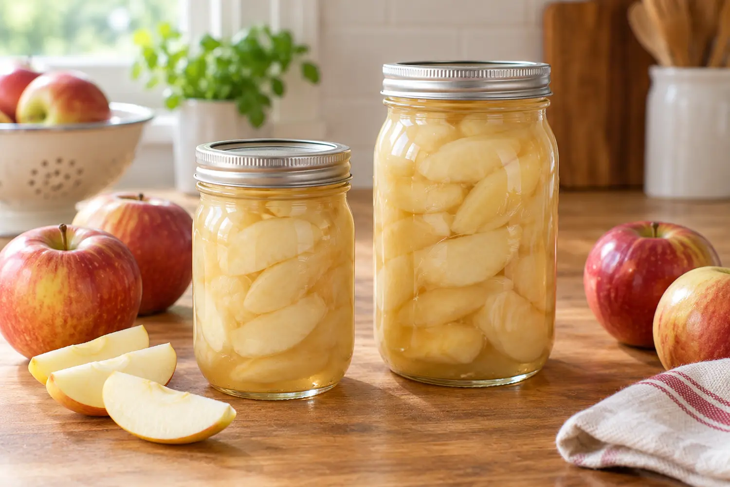 Home-canned sliced apples in sealed pint and quart canning jars