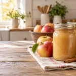 Sealed mason jars of golden home-canned applesauce with fresh apples and cinnamon