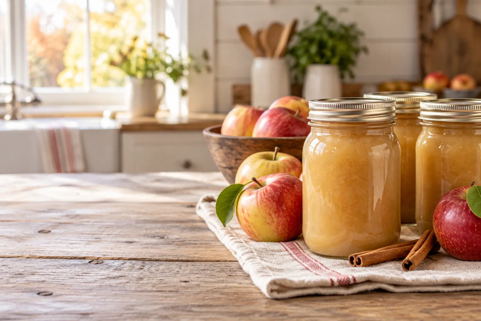 Sealed mason jars of golden home-canned applesauce with fresh apples and cinnamon