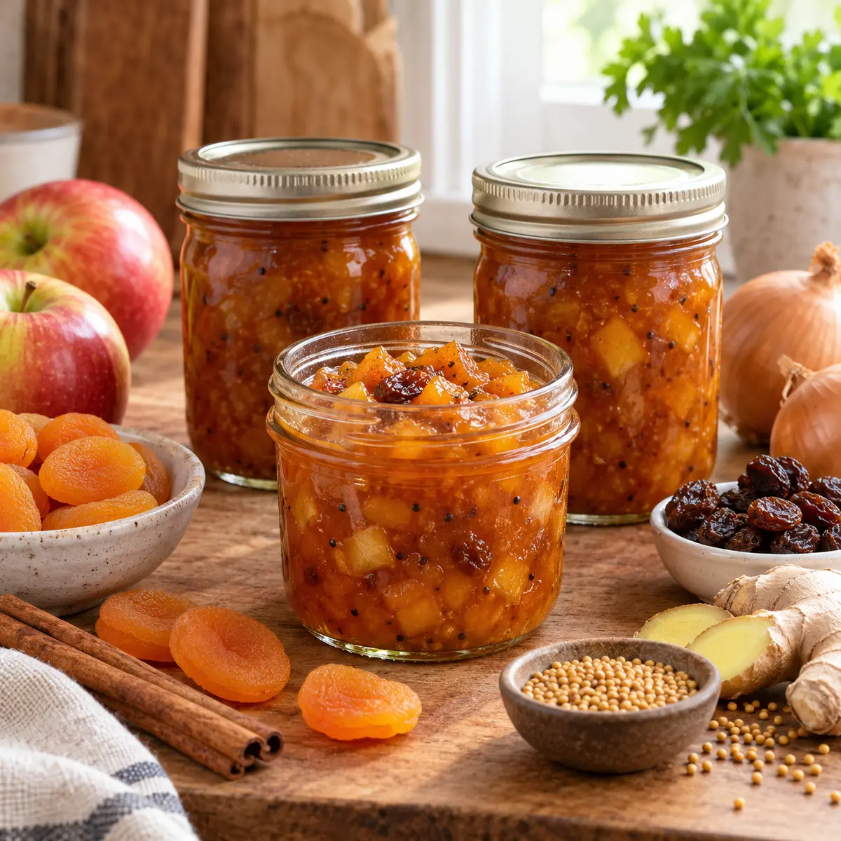 Amber apricot chutney in a home-canning jar with dried apricots, apples, onions, ginger, and warm spices