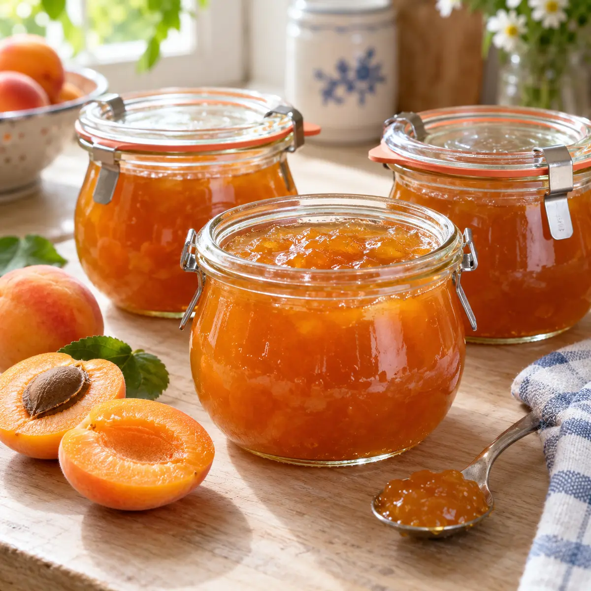 Golden apricot jam in glass-lid home-preserving jars with fresh halved apricots