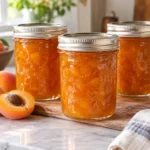 Sealed half-pint canning jars filled with golden apricot jam beside ripe apricots