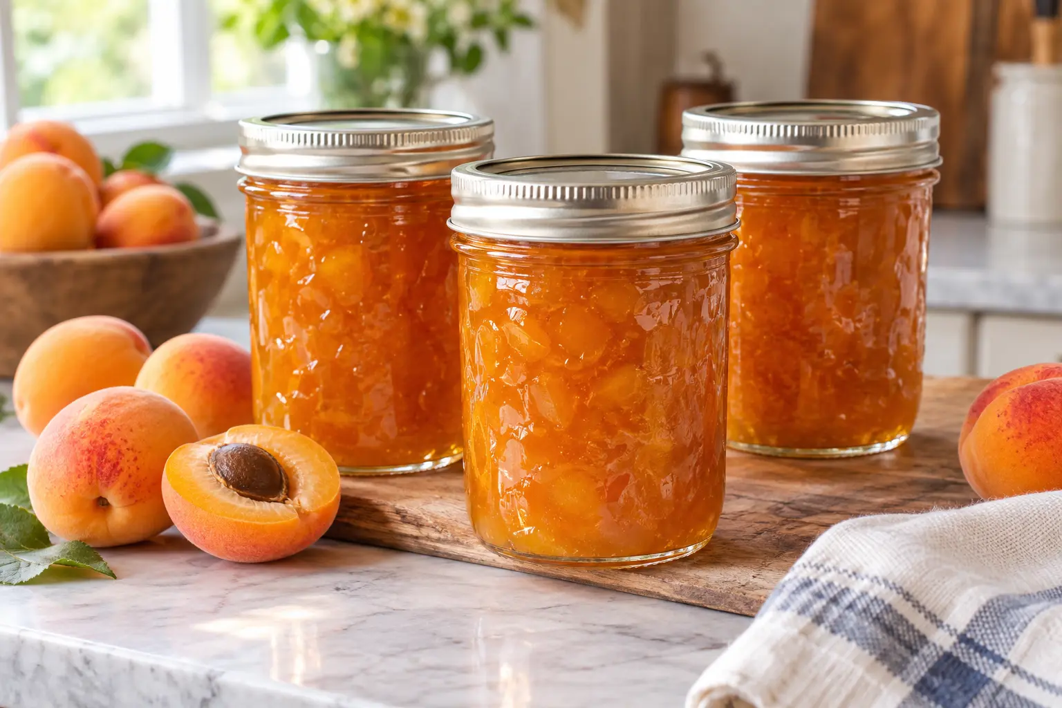 Sealed half-pint canning jars filled with golden apricot jam beside ripe apricots