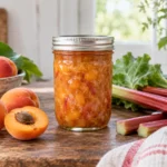 Jar of apricot rhubarb conserve with fresh apricots and rhubarb