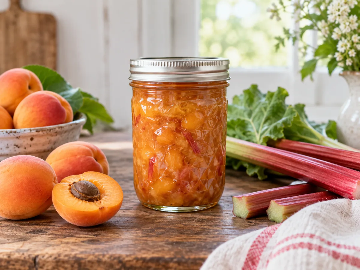 Jar of apricot rhubarb conserve with fresh apricots and rhubarb