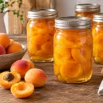 Home-canned apricot halves in glass jars with fresh apricots
