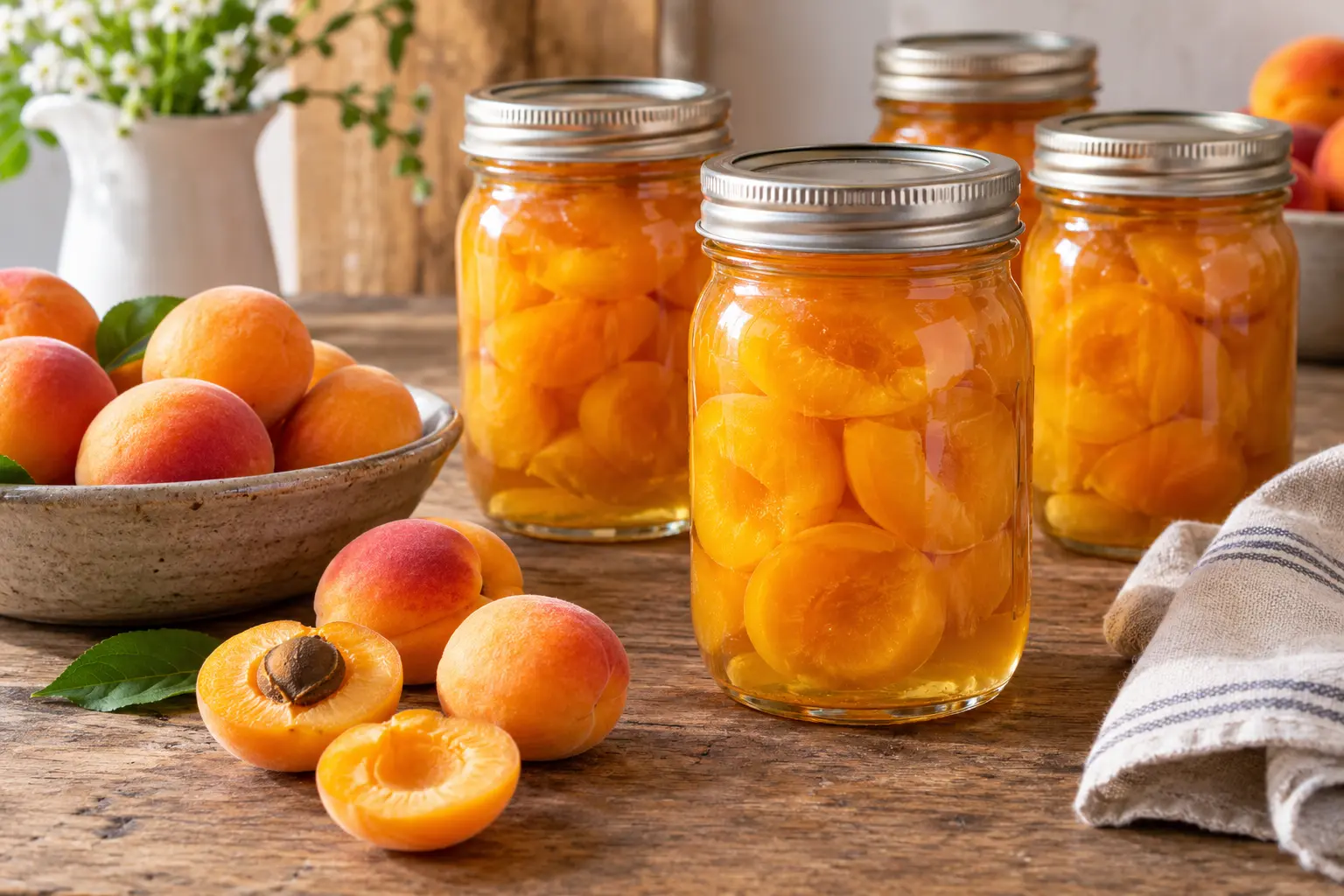 Home-canned apricot halves in glass jars with fresh apricots
