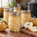 Home-canned Asian pear halves packed in liquid in glass jars.