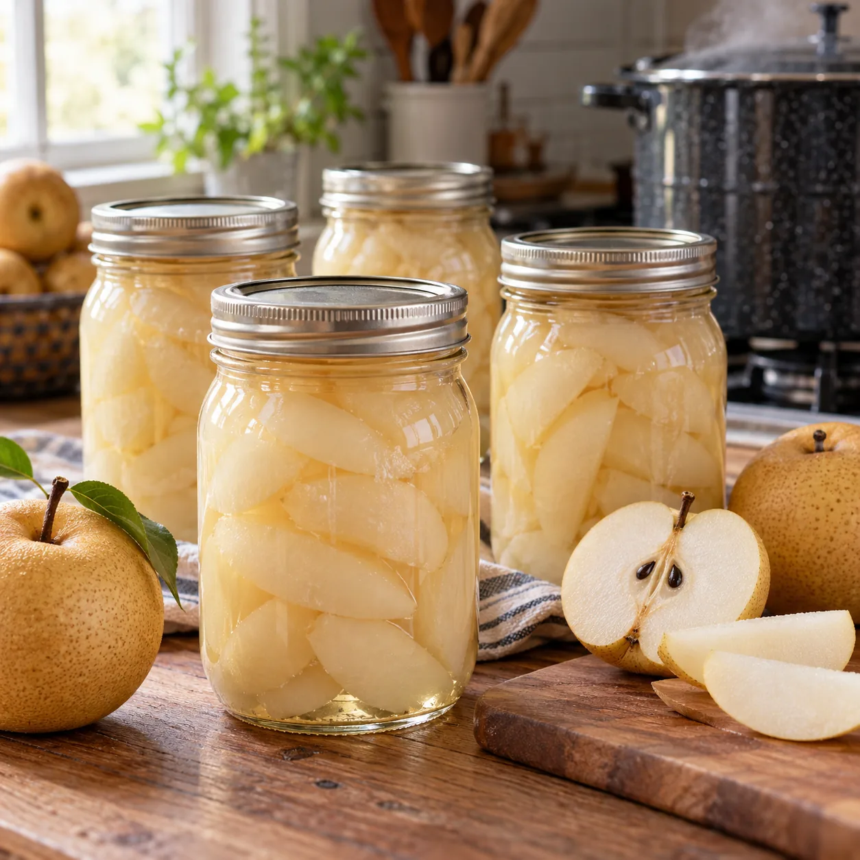Home-canned Asian pear halves packed in liquid in glass jars.