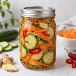 Jar of cucumber and carrot pickles with ginger and chile