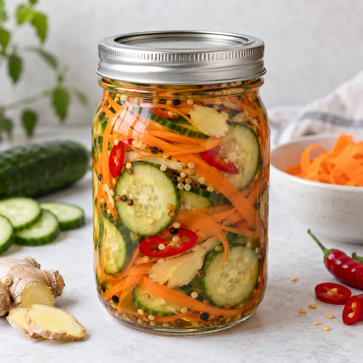 Jar of cucumber and carrot pickles with ginger and chile