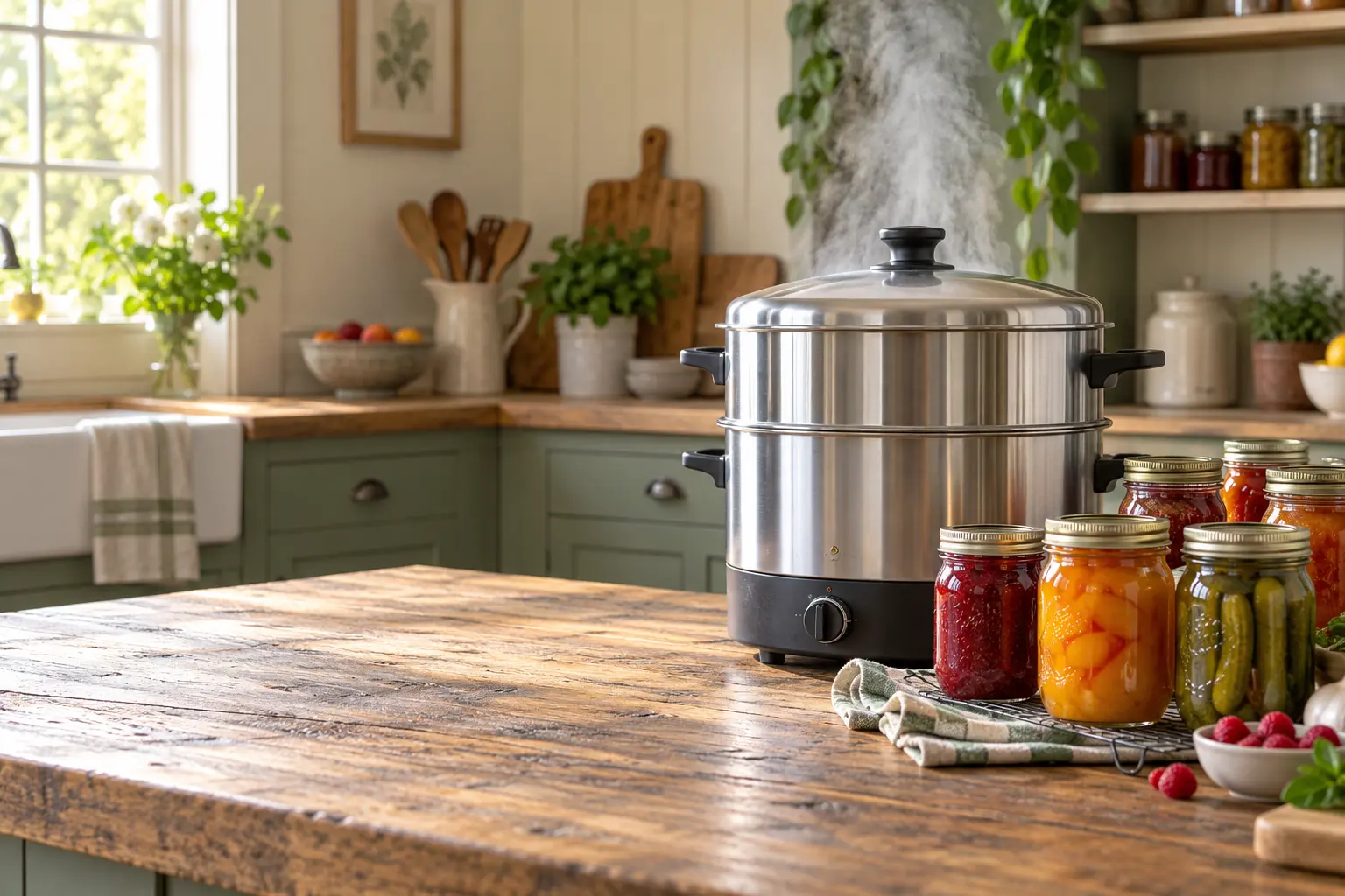 Atmospheric steam canner with sealed jars of home-canned fruit and pickles