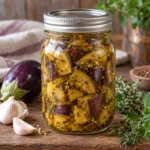 Jar of aubergine pieces in golden spiced brine
