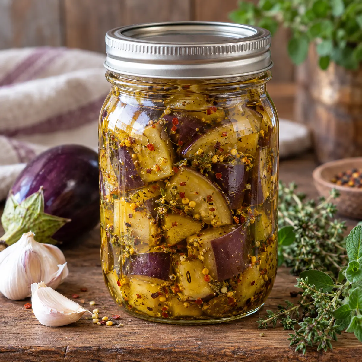 Jar of aubergine pieces in golden spiced brine