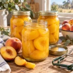 Yellow peach halves in home-preserving jars with fresh peaches and eucalyptus in an Australian country kitchen