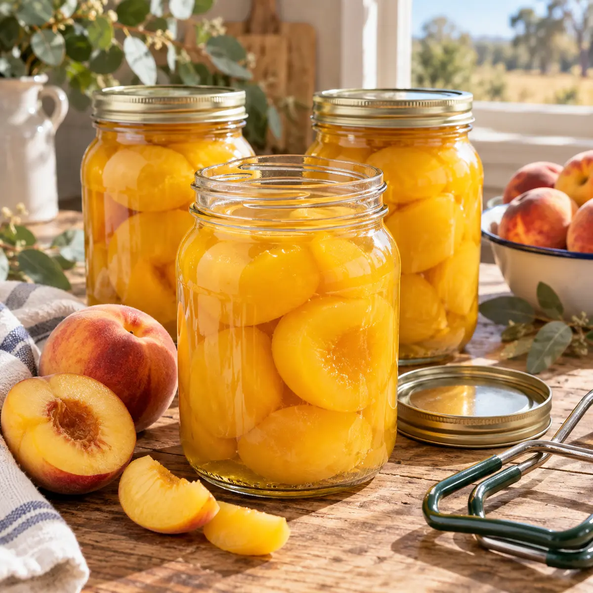 Yellow peach halves in home-preserving jars with fresh peaches and eucalyptus in an Australian country kitchen