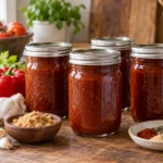 Sealed jars of thick tomato barbecue sauce with its fresh ingredients.