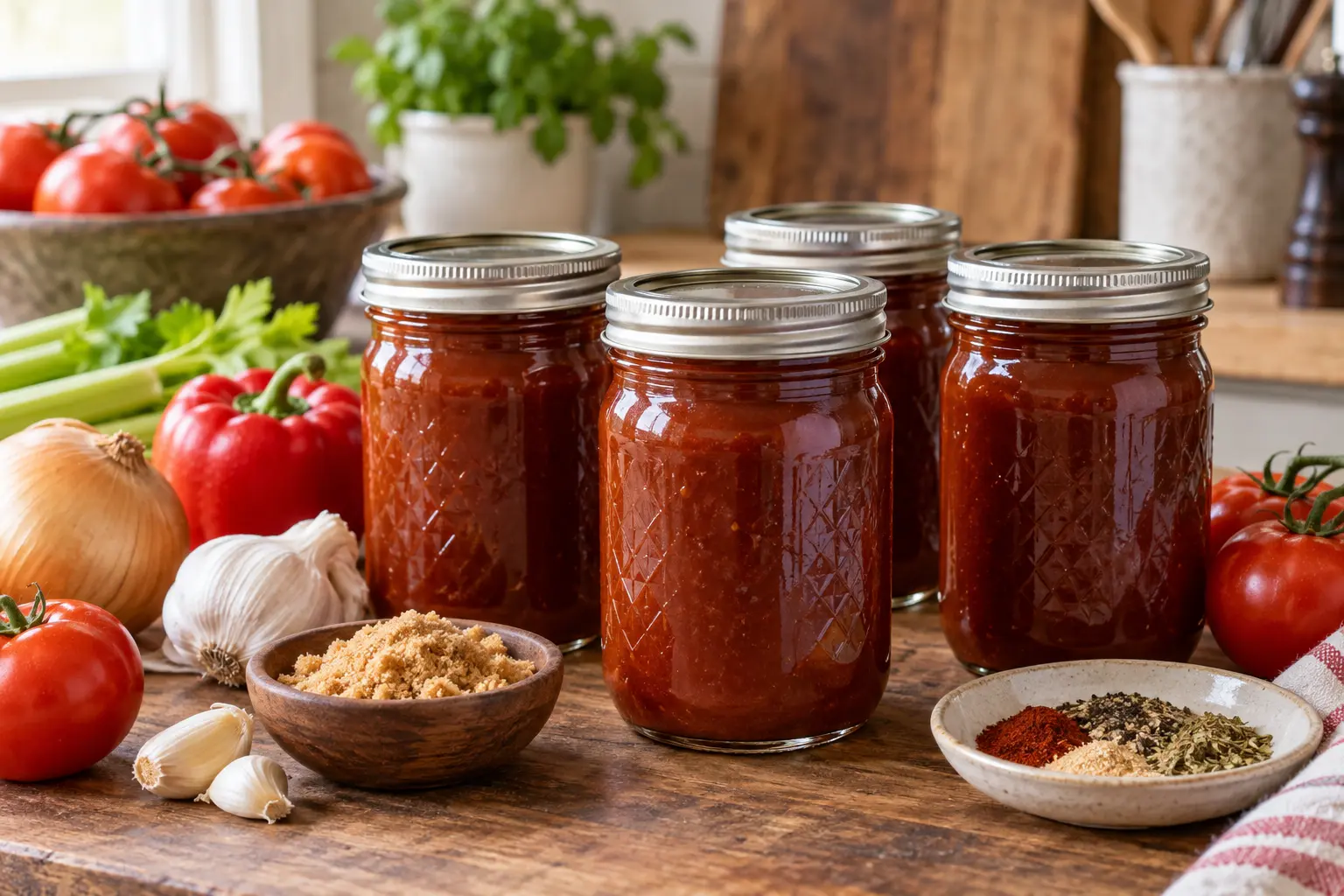 Sealed jars of thick tomato barbecue sauce with its fresh ingredients.