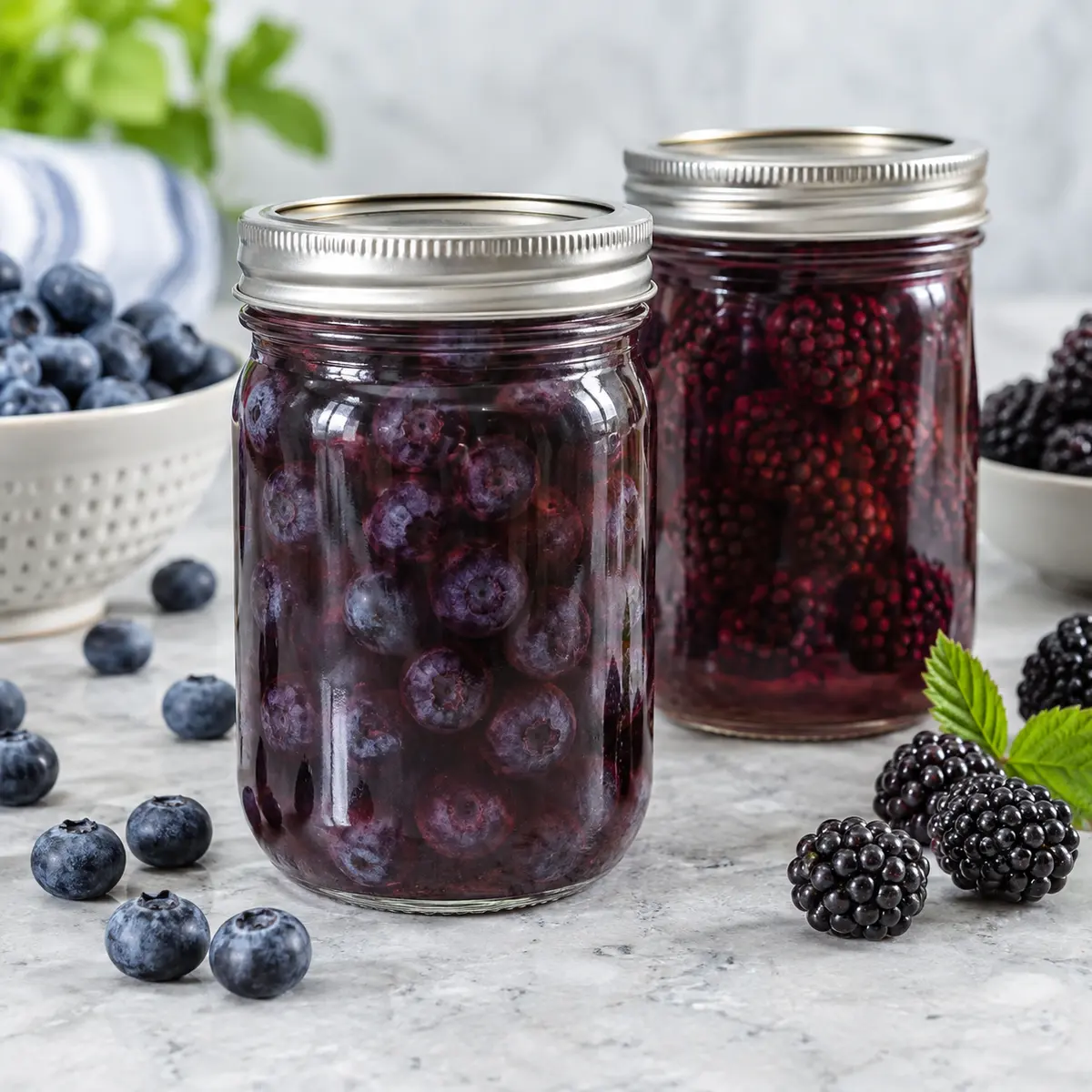 Whole blueberries and blackberries packed in light syrup inside sealed glass canning jars