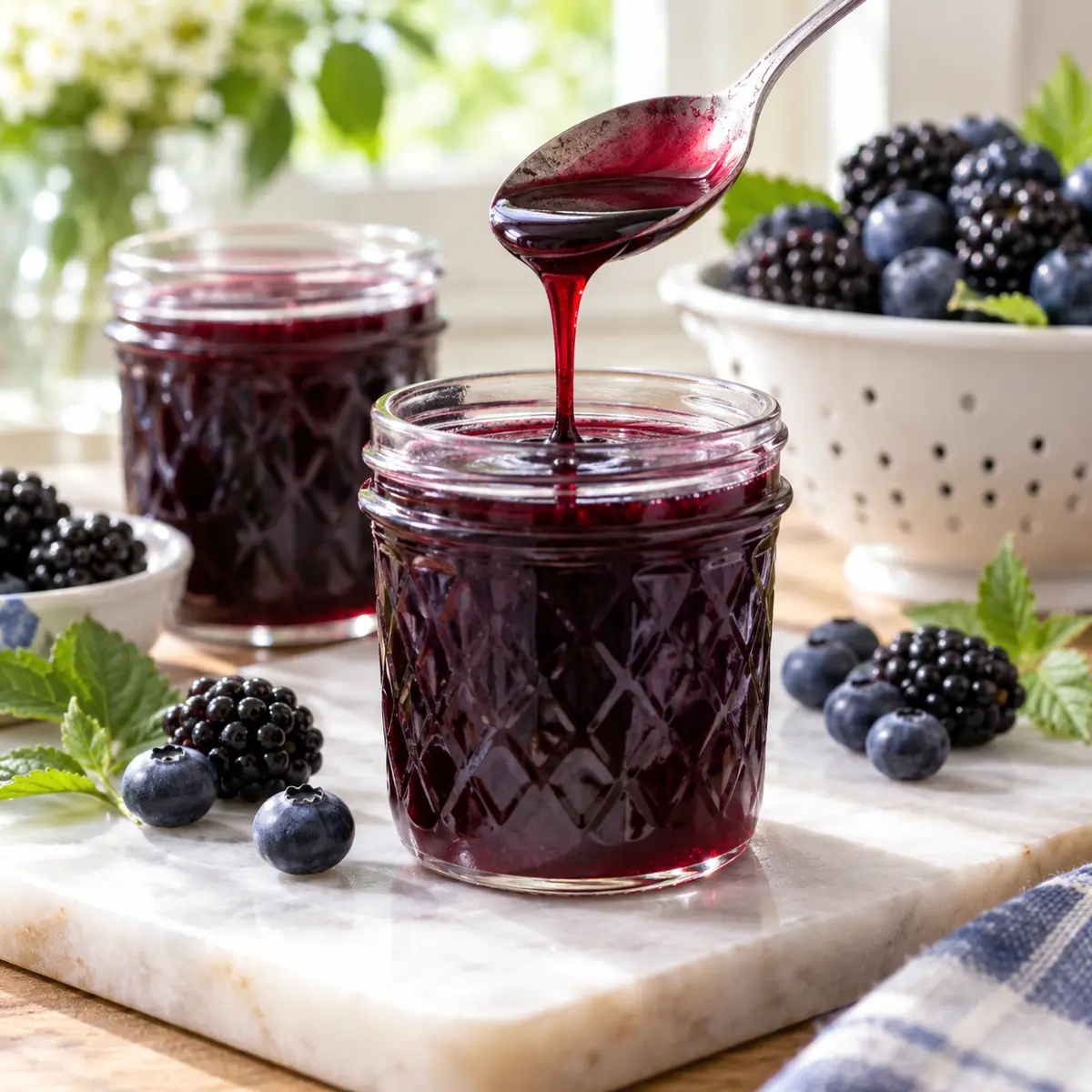 Mixed berry syrup in small glass canning jars with blackberries and blueberries