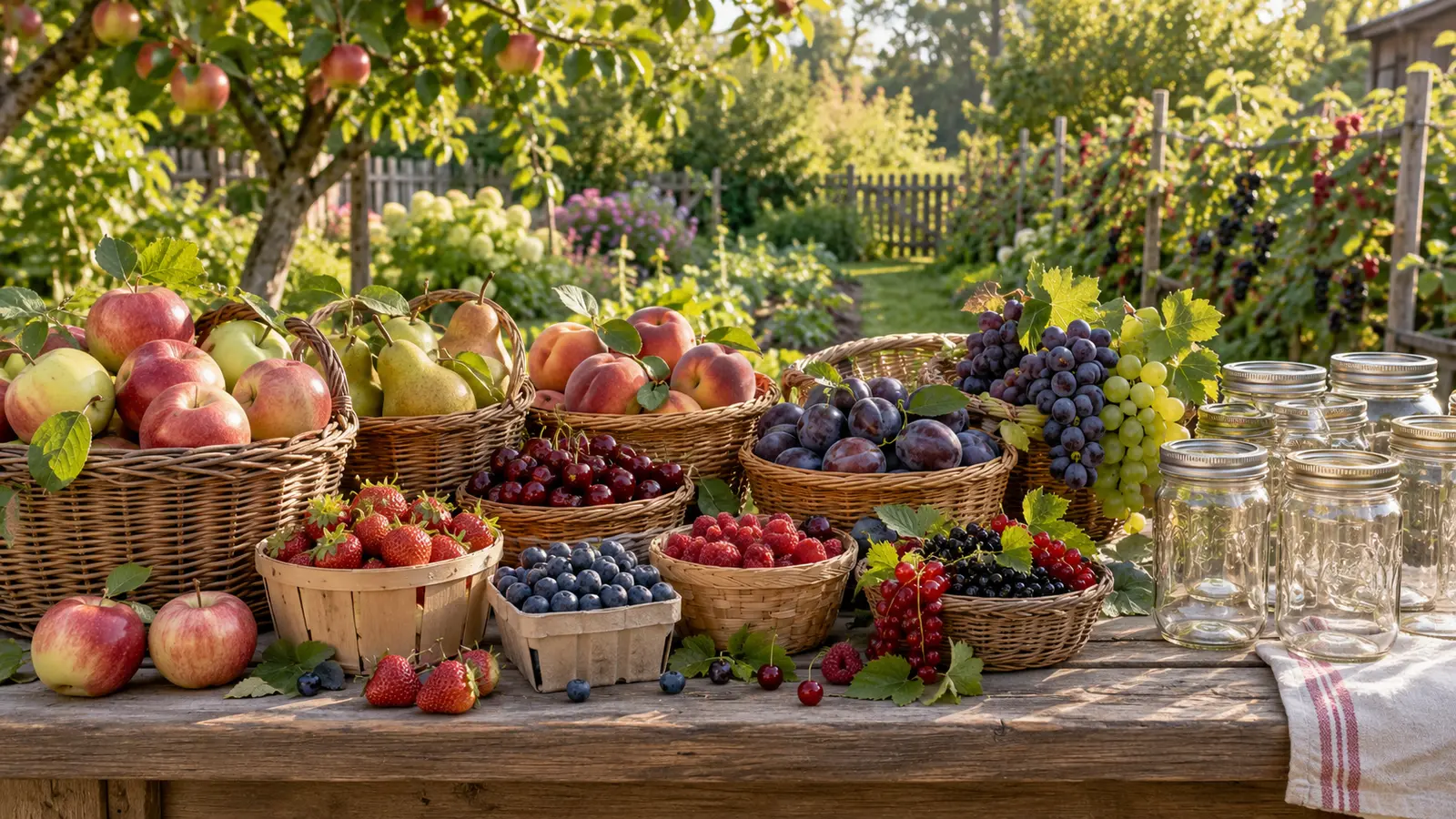 Baskets of apples, pears, peaches, plums, grapes, cherries and berries beside empty canning jars