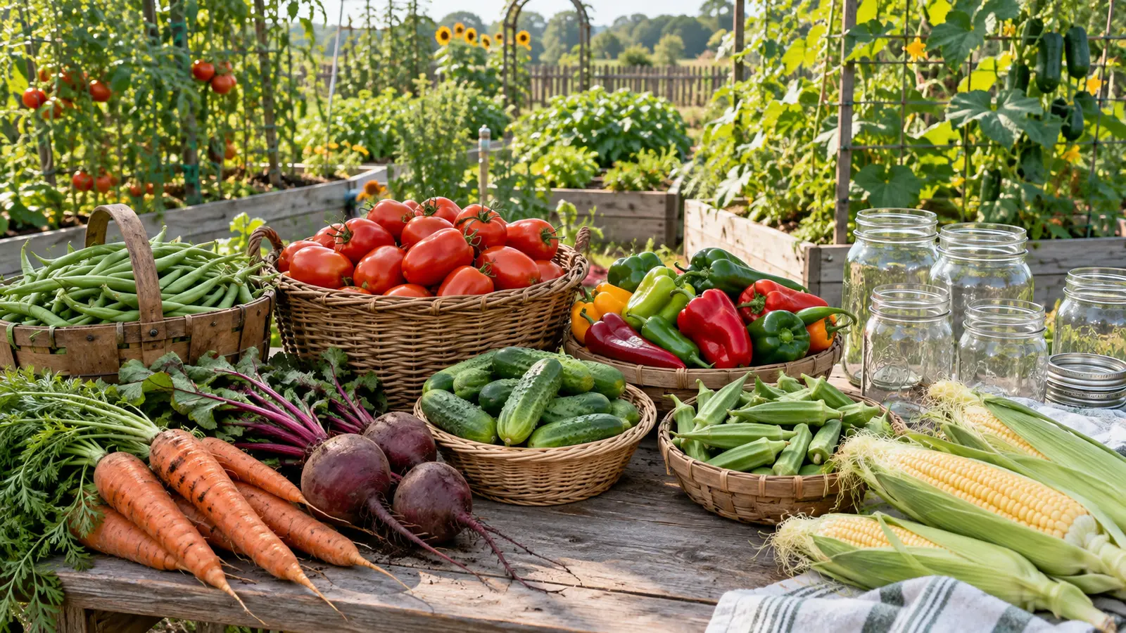 Harvest baskets of tomatoes, green beans, pickling cucumbers, peppers, carrots, beets, okra and corn beside empty canning jars