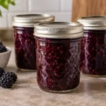 Sealed half-pint canning jars filled with textured blackberry jam beside ripe blackberries