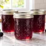 Sealed half-pint canning jars filled with clear ruby blackberry jelly beside ripe blackberries