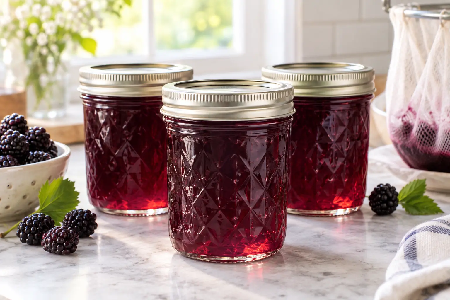 Sealed half-pint canning jars filled with clear ruby blackberry jelly beside ripe blackberries