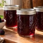 Sealed half-pint canning jars filled with dark garnet blackberry jelly beside ripe blackberries