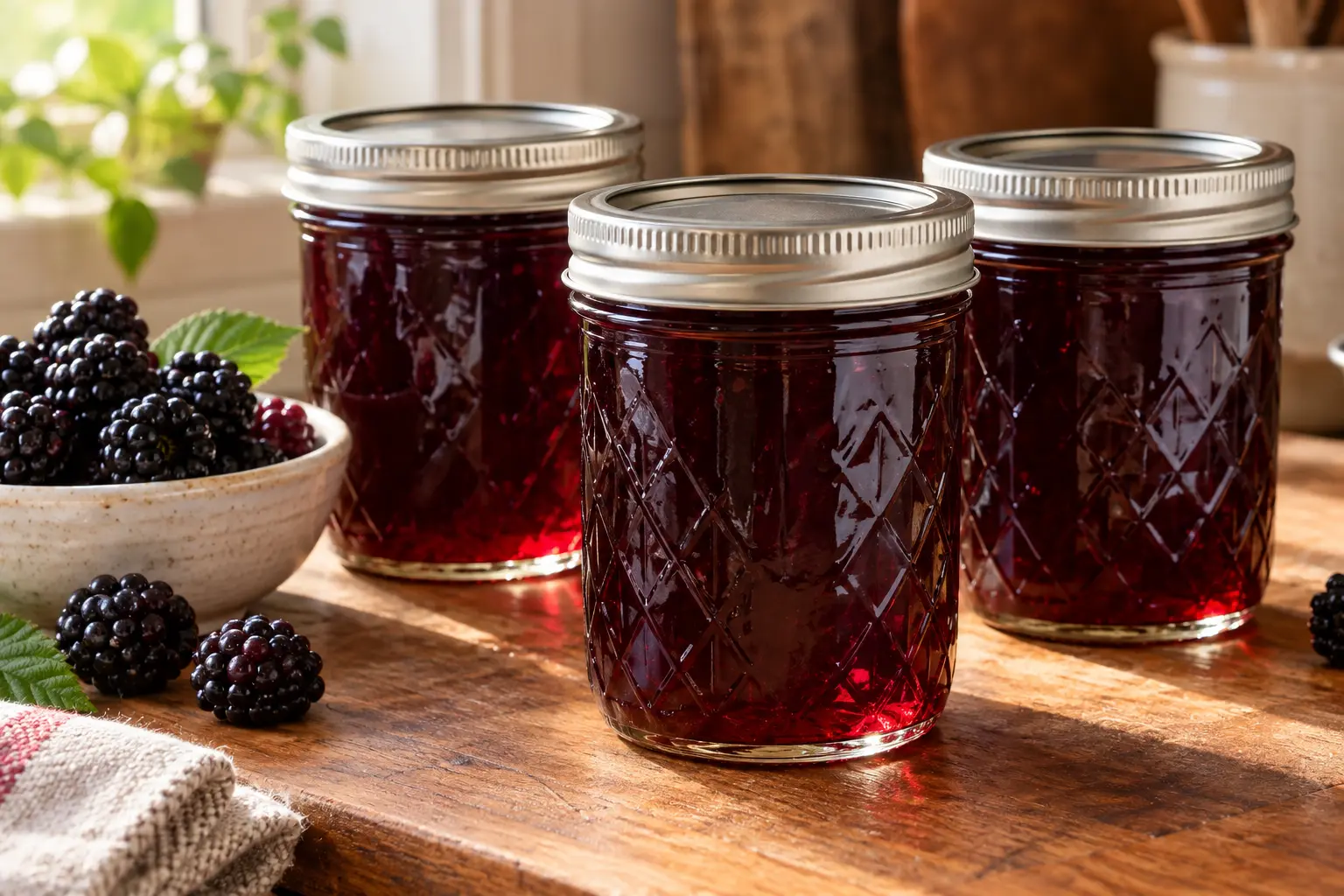 Sealed half-pint canning jars filled with dark garnet blackberry jelly beside ripe blackberries