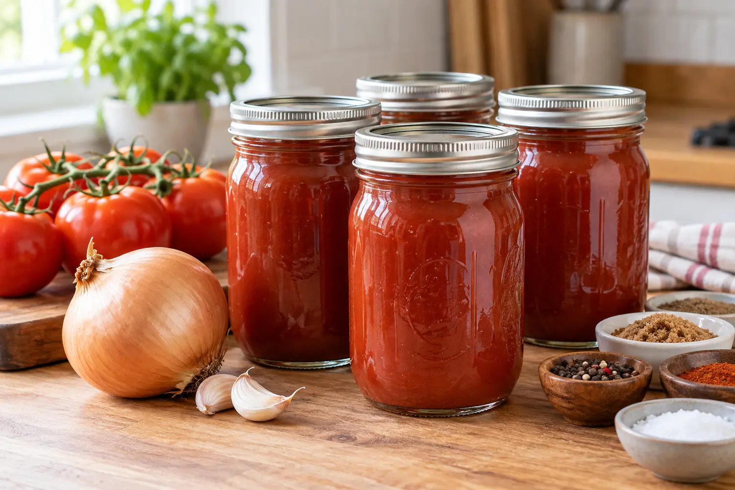Home-canned blender ketchup in sealed pint canning jars