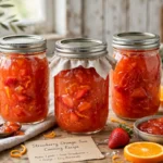 Blue Ribbon Strawberry Orange Jam in glass canning jars — home canning recipe