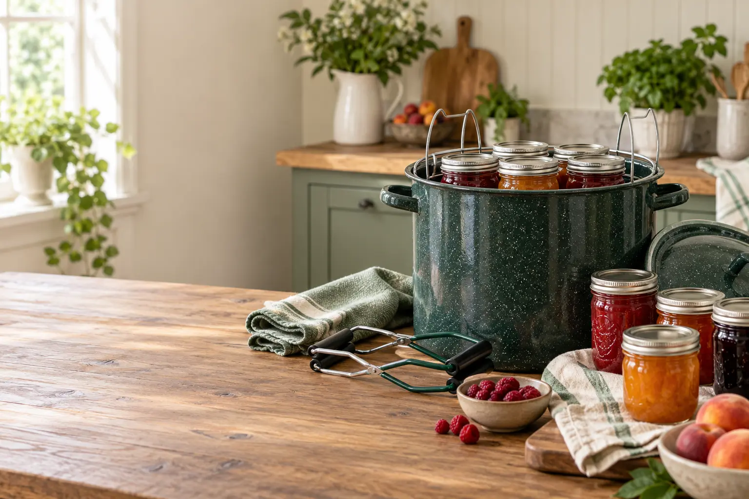 Boiling-water canner with jar rack, preserves, fruit, and a jar lifter