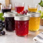 Three jars of purple, red, and golden juice jellies