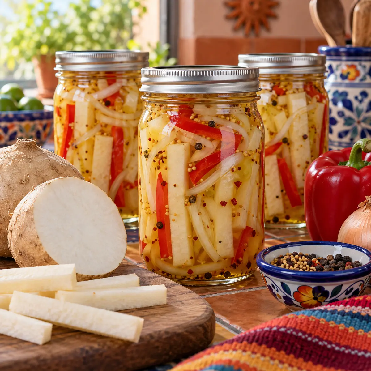 Pickled jicama batons with onion and red pepper in sealed home-canning jars