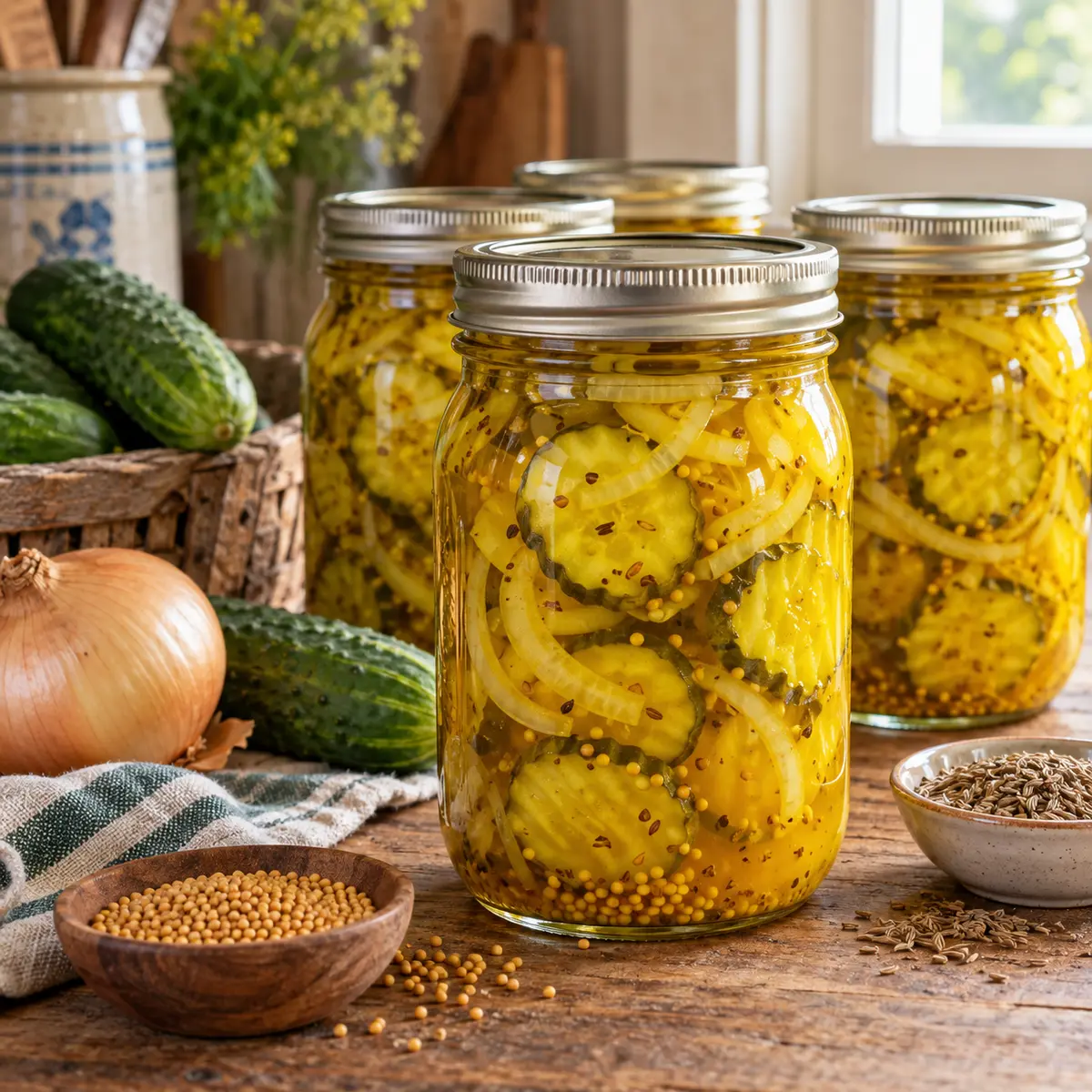 Crinkle-cut bread-and-butter cucumber pickles with onion in sealed home-canning jars