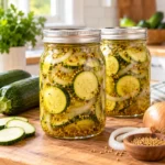 Two sealed jars of bread-and-butter zucchini pickles with onion and mustard seed