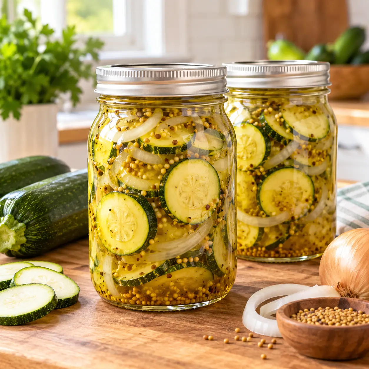 Two sealed jars of bread-and-butter zucchini pickles with onion and mustard seed