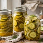 Bread & Butter Pickles Recipe in glass canning jars — home canning recipe