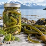 Jar of bullwhip kelp dill pickles with dill and pickling spices