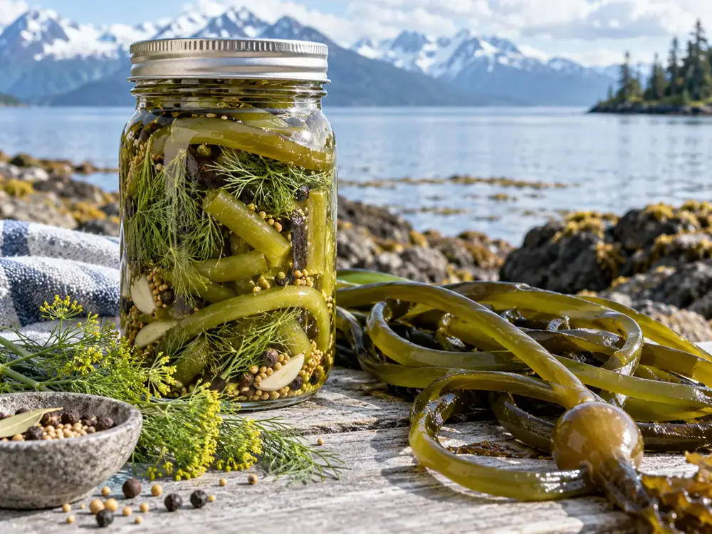 Jar of bullwhip kelp dill pickles with dill and pickling spices