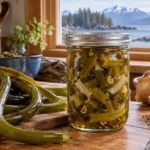 Jar of sweet bullwhip kelp pickles with onion and mustard seed