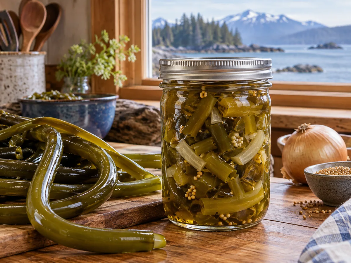 Jar of sweet bullwhip kelp pickles with onion and mustard seed